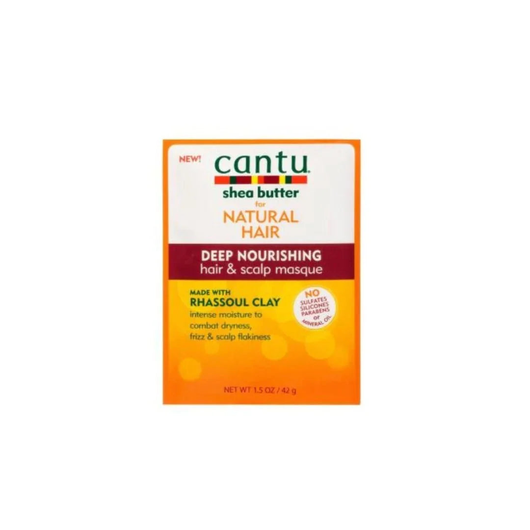 Cantu Shea Butter Rhassoul Clay Nourishing Masque packet, 1.5oz, for deep conditioning and natural hair care.
