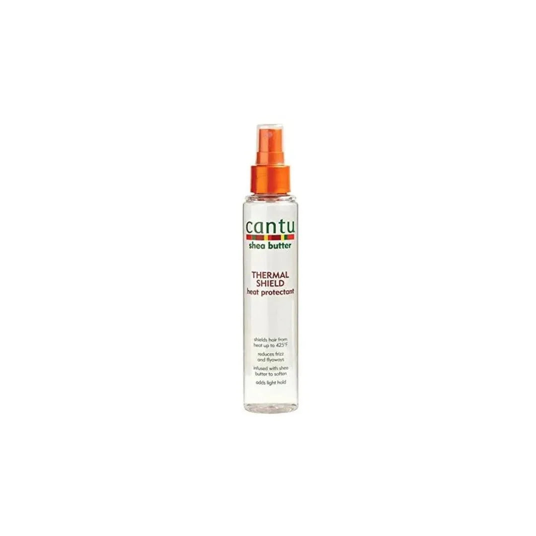 Cantu Shea Butter Thermal Shield Heat Protectant spray in 5.1oz bottle, designed to protect hair from heat styling damage