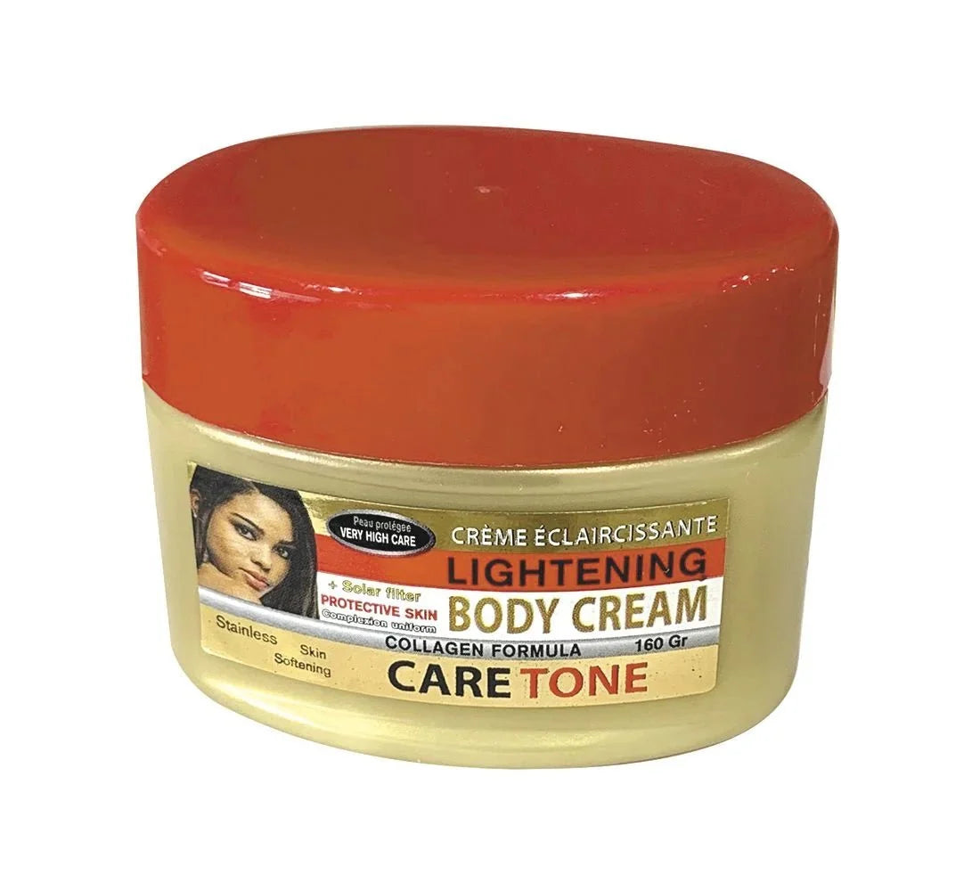 CareTone Collagen Body Cream 160g jar showing smooth cream texture and label with product name and brand.