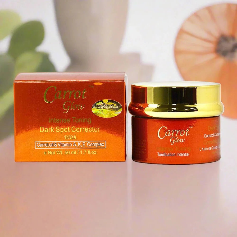 Cream jar labeled Carrot Glow Glow Cream, 1.7 oz, with fresh carrots and natural ingredients on the packaging.