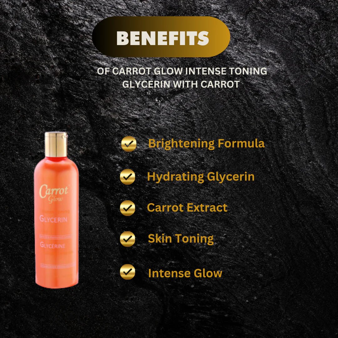 Carrot Glow Glycerin with Carrot, 16.8 oz, clear bottle showing glycerin and fresh carrots, moisturizing skincare product
