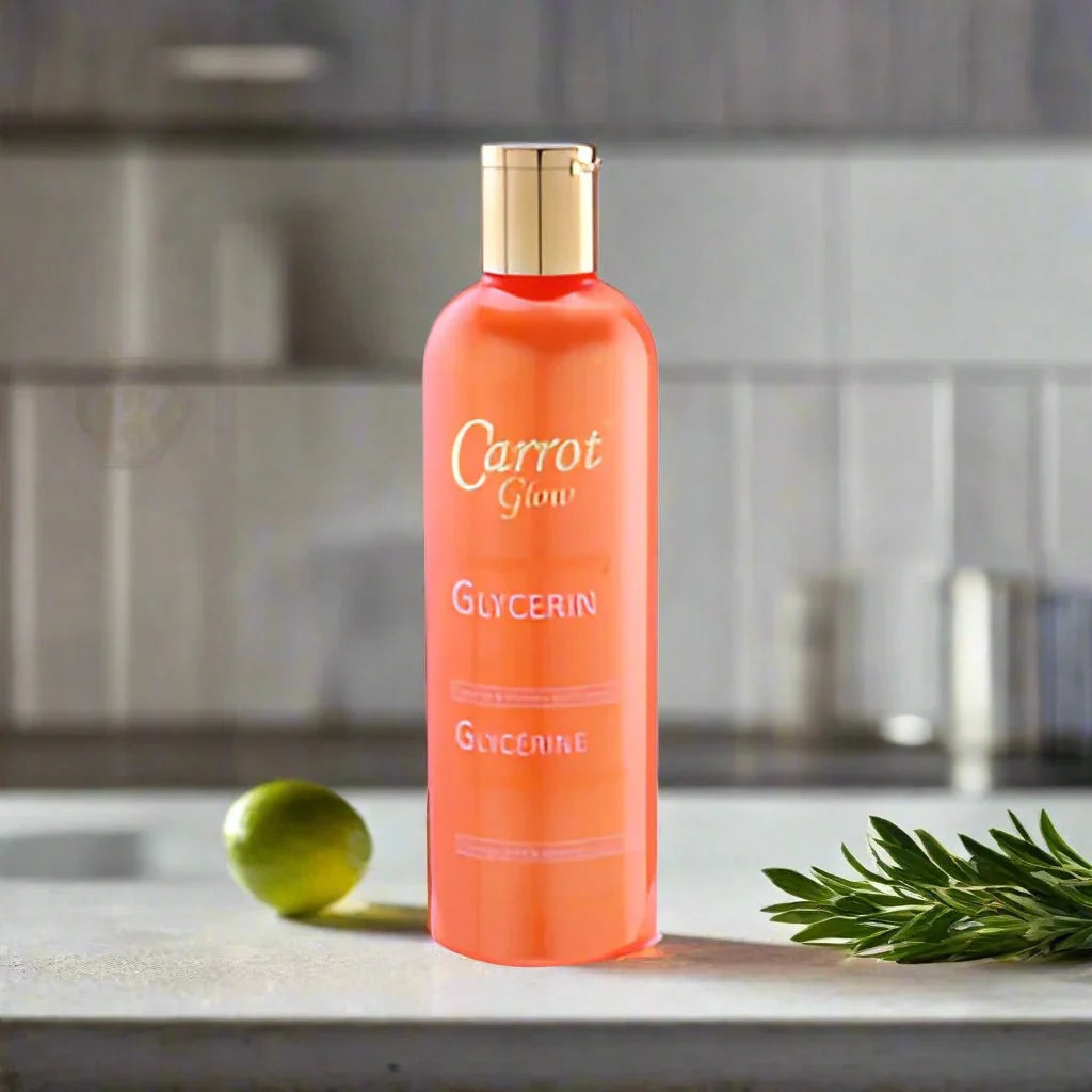 A 16.8 oz bottle of Carrot Glow Glycerin with Carrot, featuring a clear bottle with orange liquid and a carrot illustration on the label.