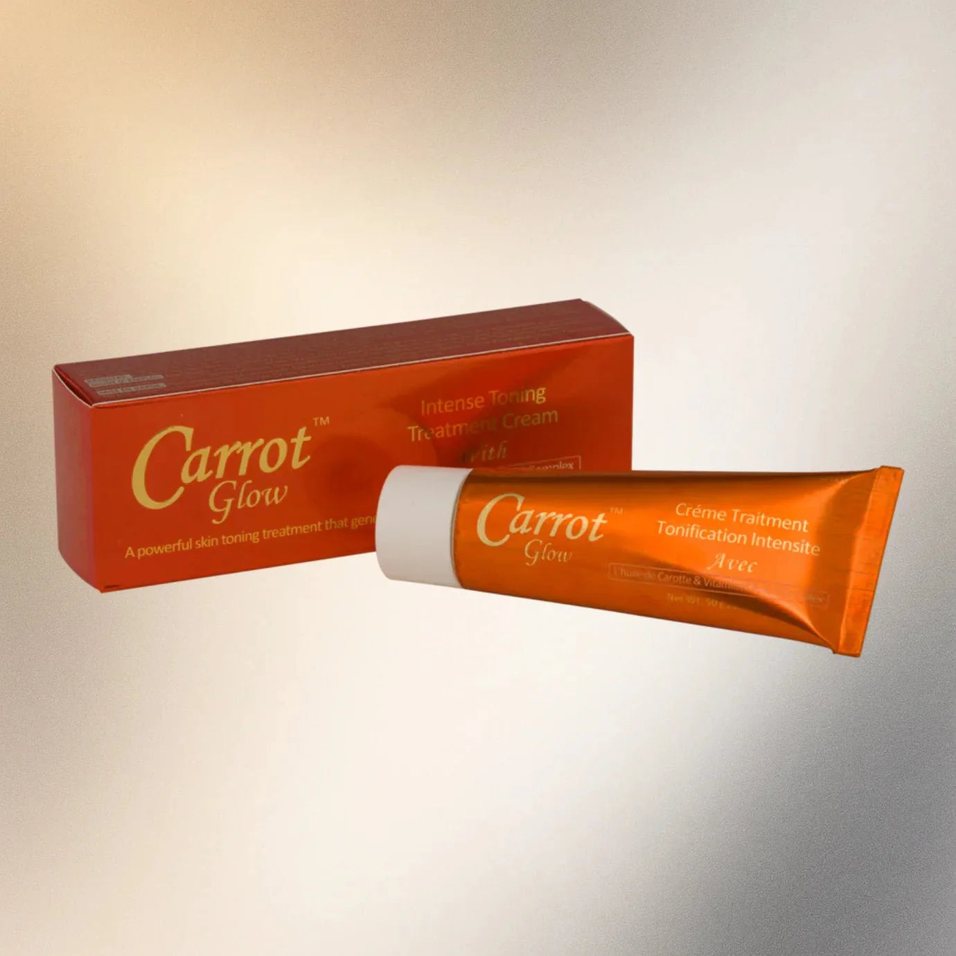 Carrot Glow Tube Cream 1.7 oz featuring a sleek tube with the product label visible and fresh carrot imagery.