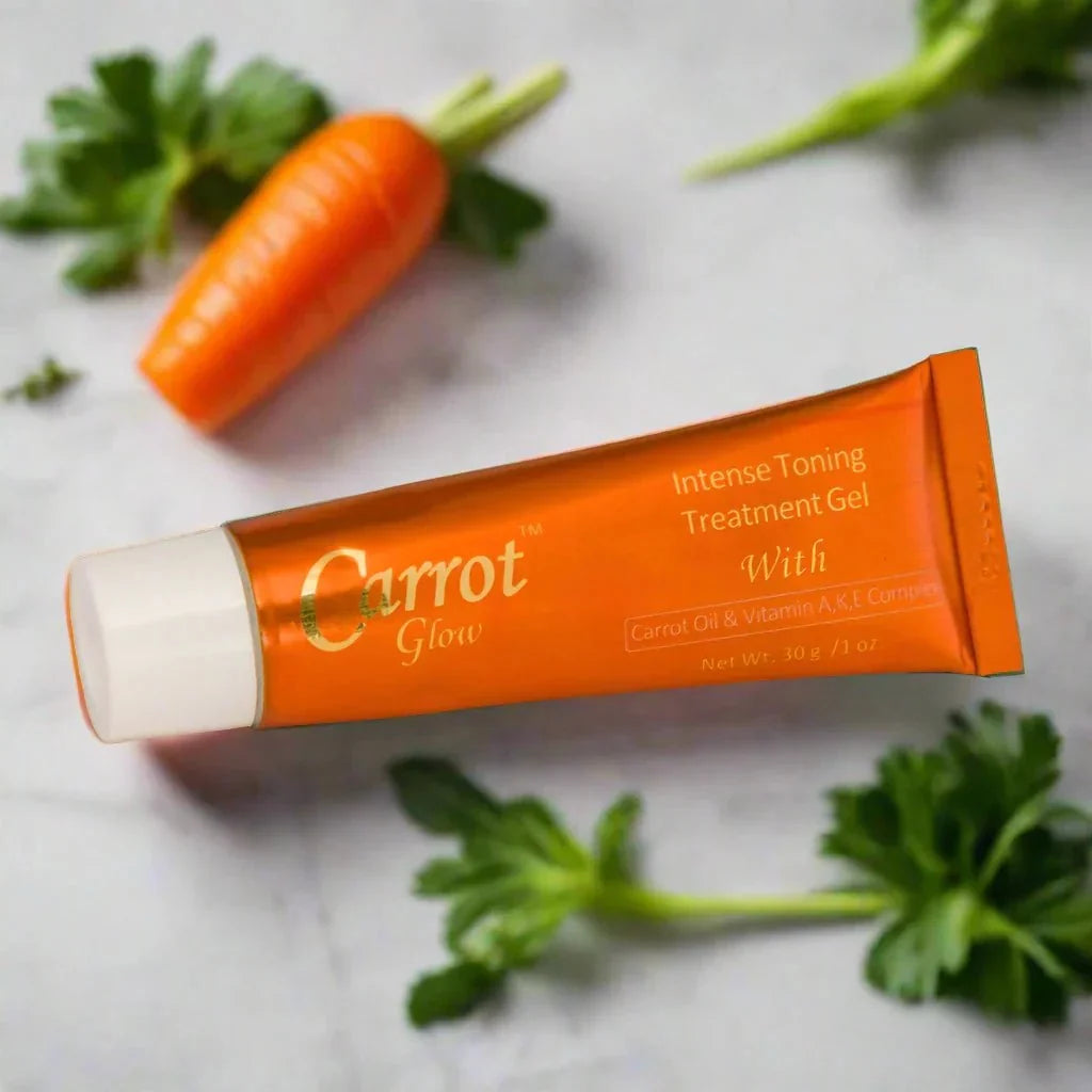 Carrot Glow Tube Gel 1 oz in a sleek tube, showcasing vibrant orange carrot extract for skin brightening and hydration.