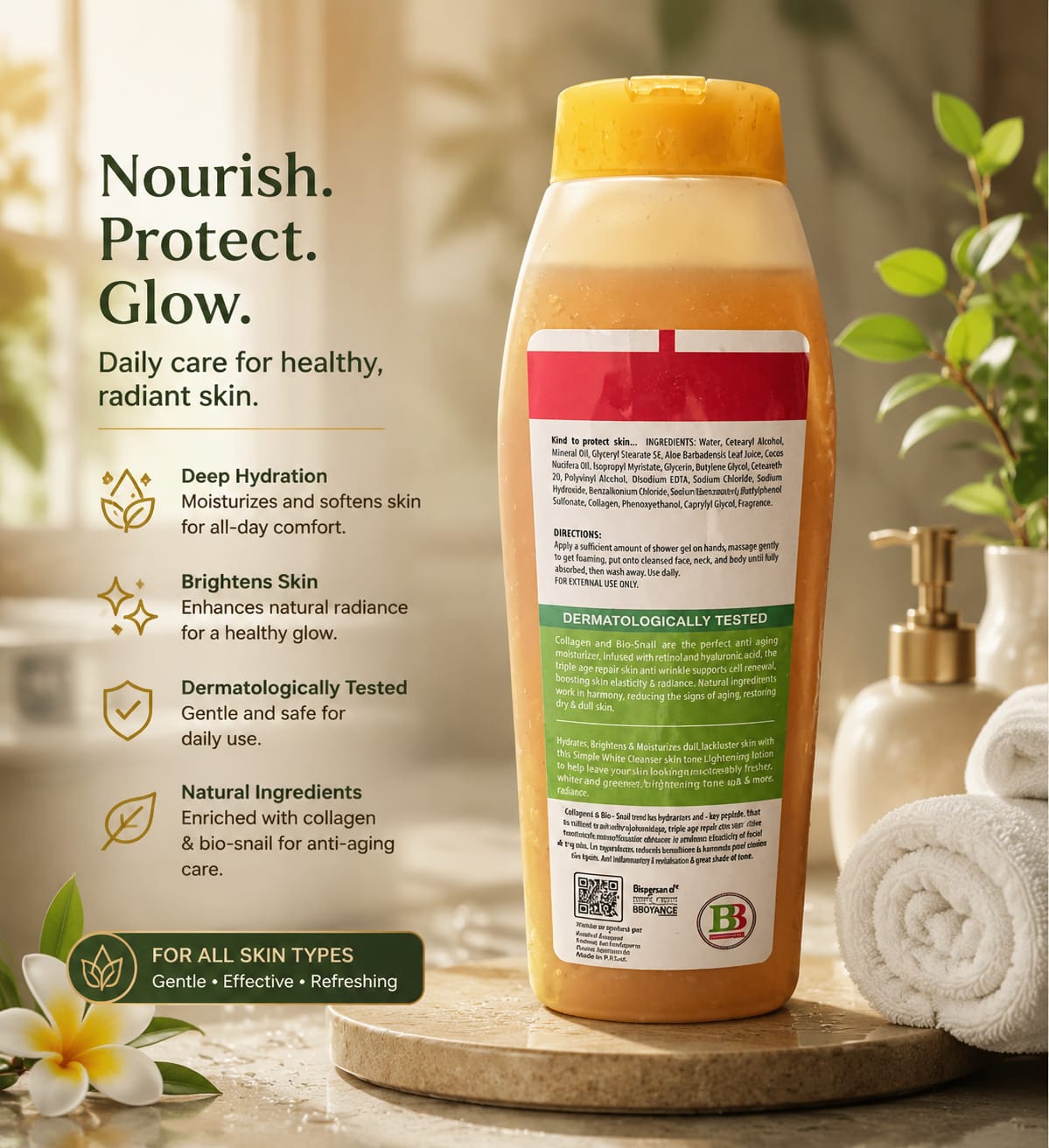 Beyoncé Simple White Collagen & Aloe Shower Gel 500ml bottle with white and green packaging, showcasing the product label.