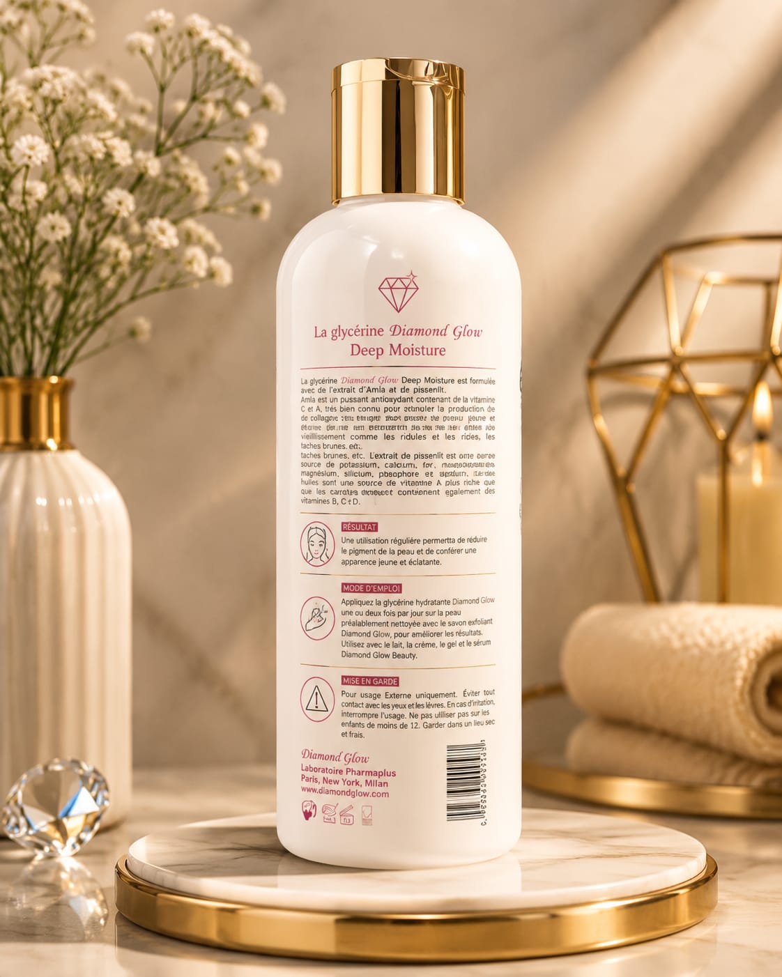 Diamond Glow Diamond Glow Elegant Deep Moisture Glycerin 500ml bottle with clear label and pump dispenser on a white background.
