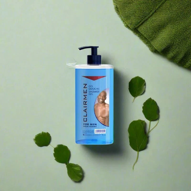 Clair Men Body Wash 1L bottle with pump dispenser, showing the label and sleek design for men's skin cleansing.
