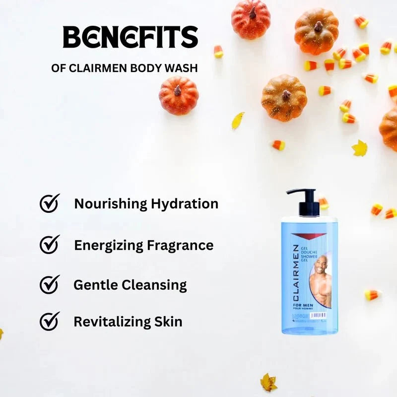 Clair Men Body Wash 1L bottle with label, designed for men's skincare, featuring a sleek blue and white packaging.