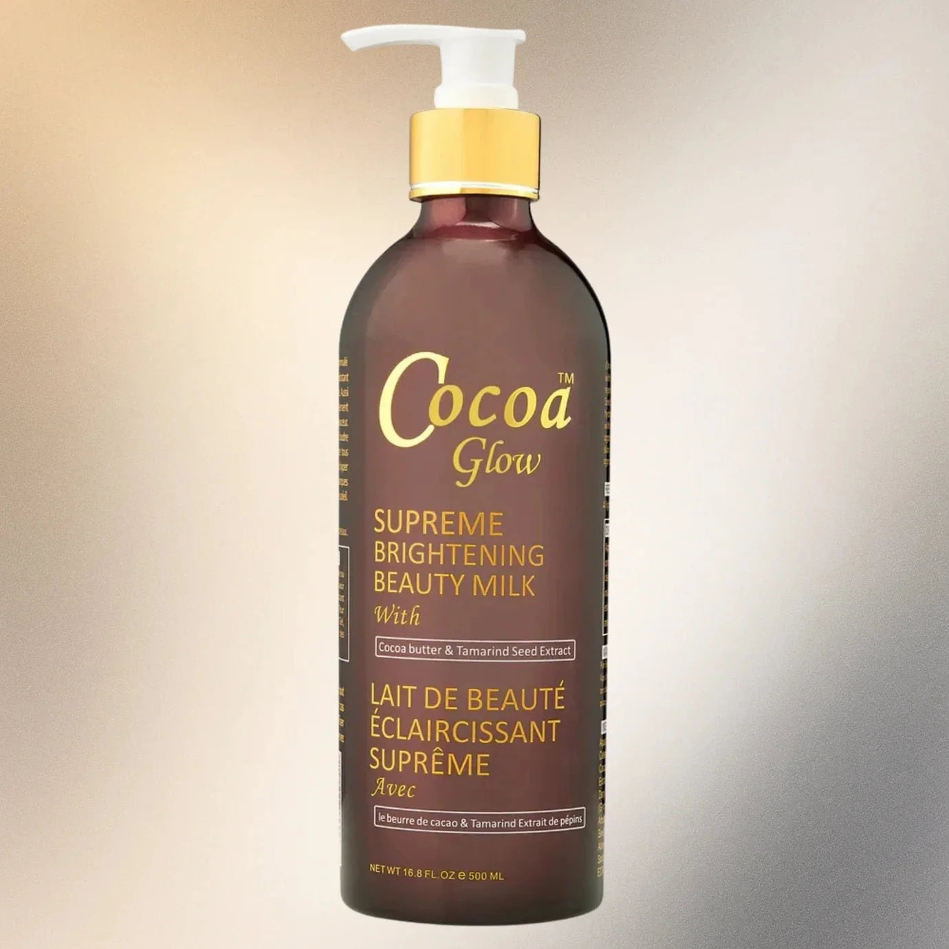 Cocoa Glow Supreme Beauty Milk 16.9 oz bottle with creamy texture and label, designed for nourishing skin and enhancing glow.