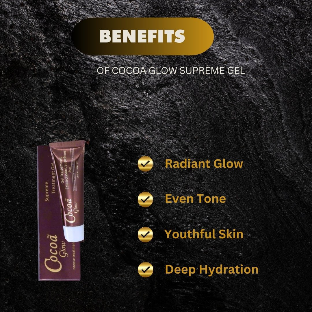 Cocoa Glow Supreme Gel in 1 oz jar, smooth dark brown gel with a glossy finish, designed for skincare and moisturizing.