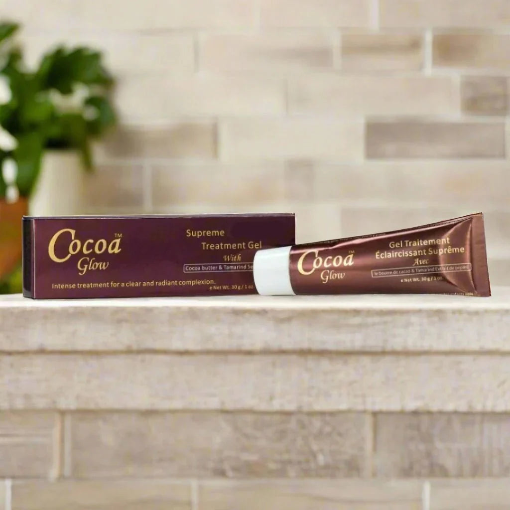 Cocoa Glow Supreme Gel in 1 oz container, featuring smooth, creamy gel with cocoa extract for skin nourishment and glow.
