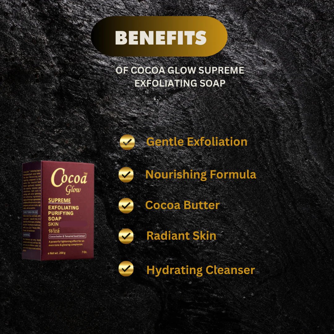 Cocoa Glow Supreme Soap 7 oz with rich cocoa and moisturizing ingredients, showcasing the soap bar with a smooth texture.