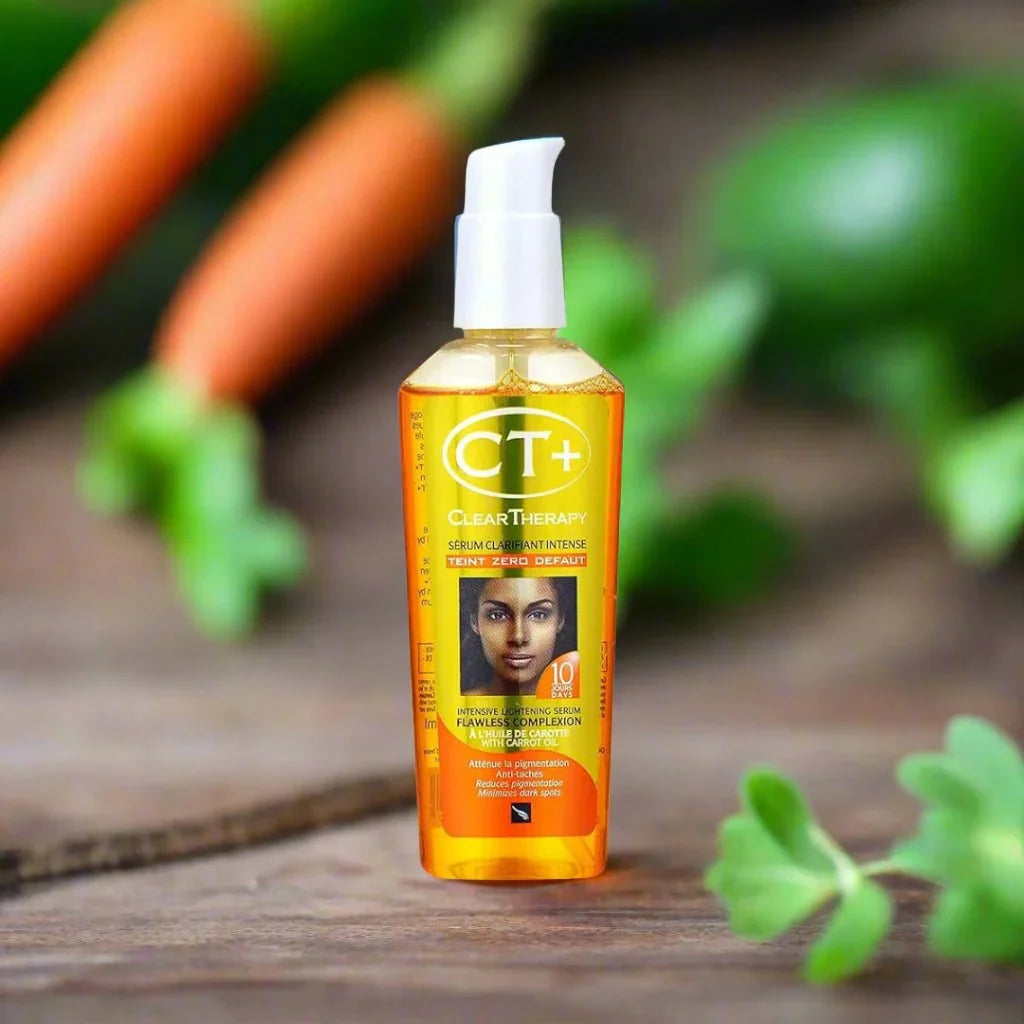 CT+ Clear Therapy Carrot Intensive Serum 2.5 oz bottle with pump, highlighting its bright orange color and sleek design.