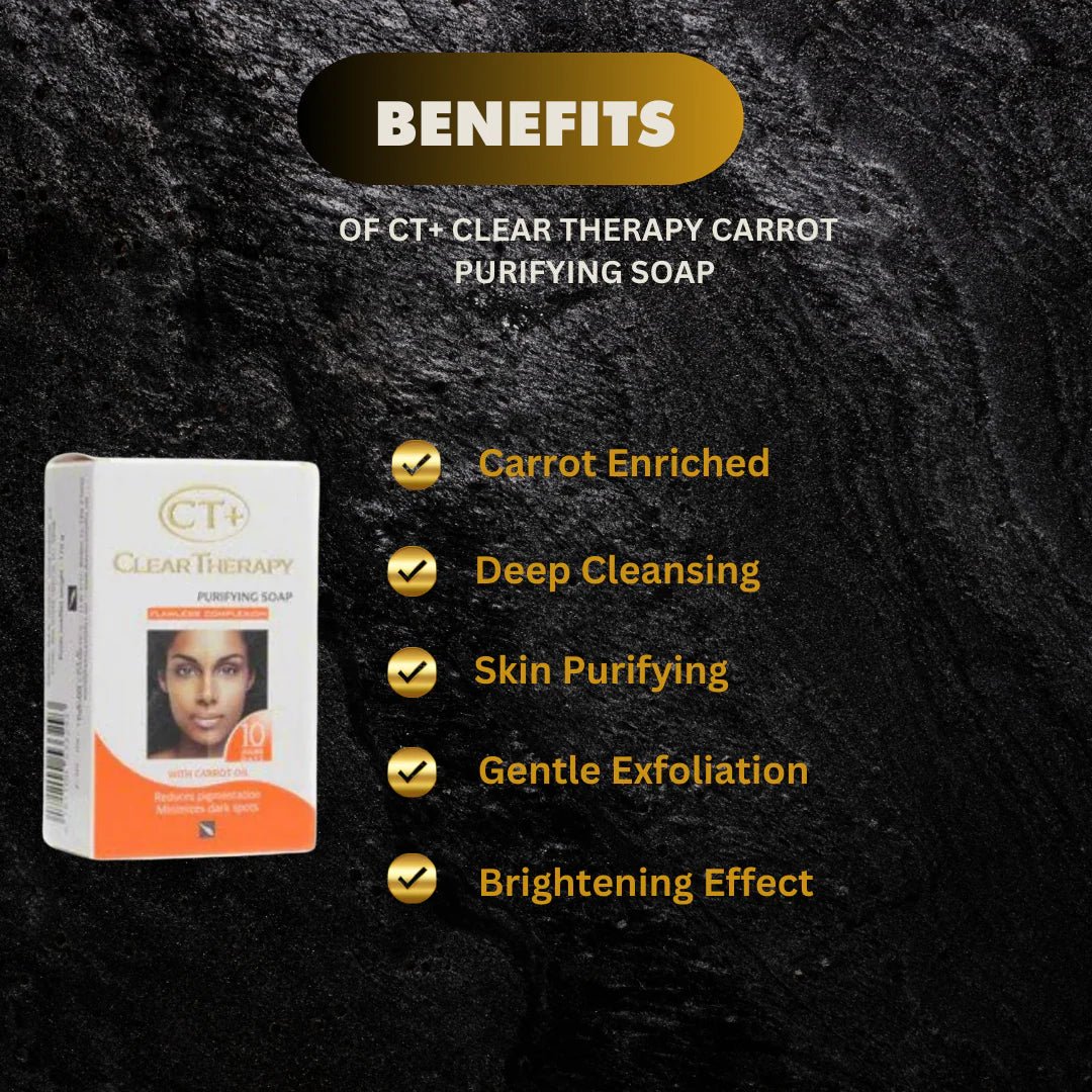 CT+ Clear Therapy Carrot Purifying Soap 5.8 oz bar with natural ingredients and bright orange color, designed for skin cleansing.