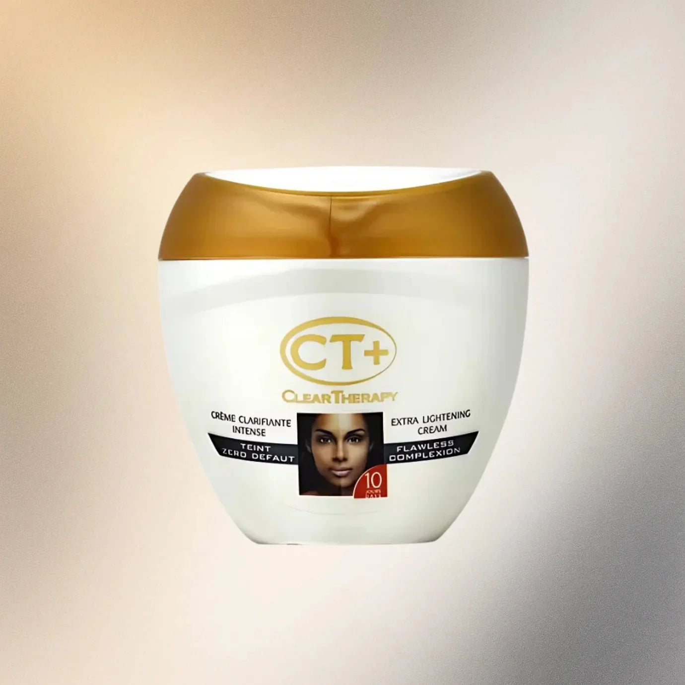 CT+ Clear Therapy Extra Cream 400ml jar showing smooth, white moisturizing cream in a clear jar with a silver lid.
