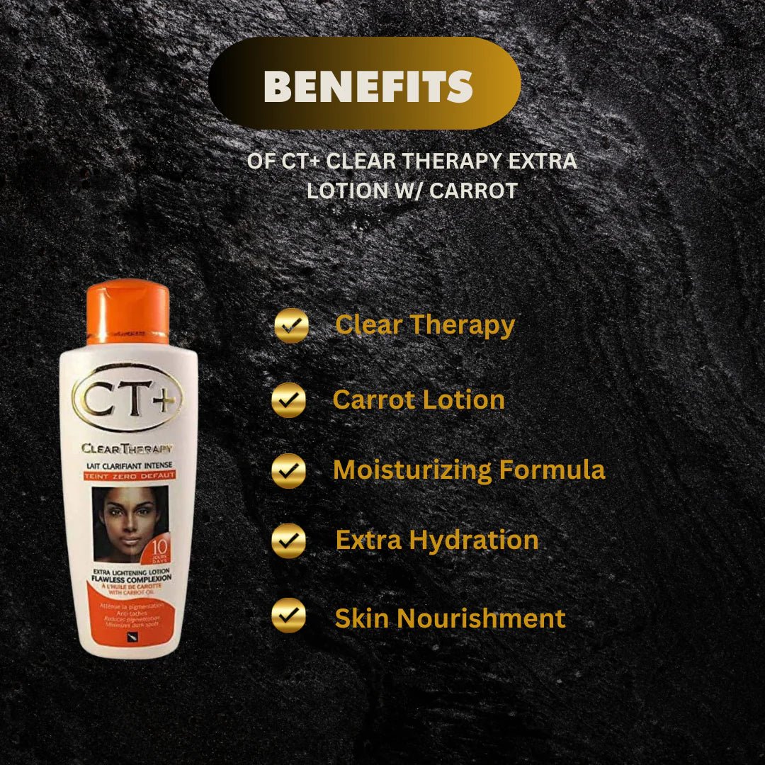 CT+ Clear Therapy Extra Lotion with Carrot Oil in 250ml bottle, creamy moisturizer for skin hydration and nourishment.