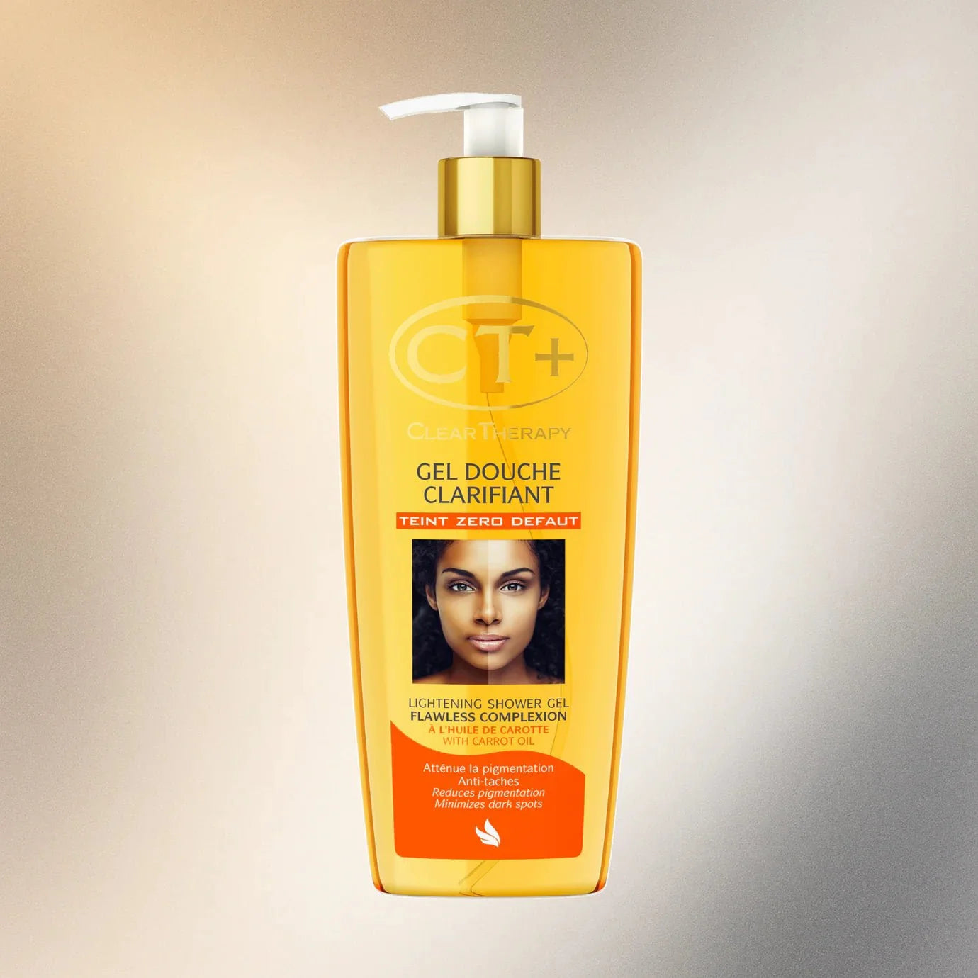CT+ Clear Therapy Carrot Oil Shower Gel 800ml bottle with pump dispenser for nourishing skin and refreshing shower experience.
