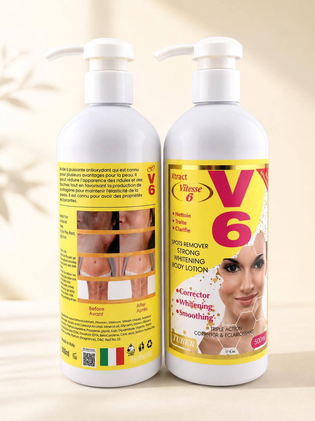 V6 V6 Smoothing & Moisturizing Body Lotion bottle with label showing ingredients like glutathione, kojic dipalmitate, and apricot extract.