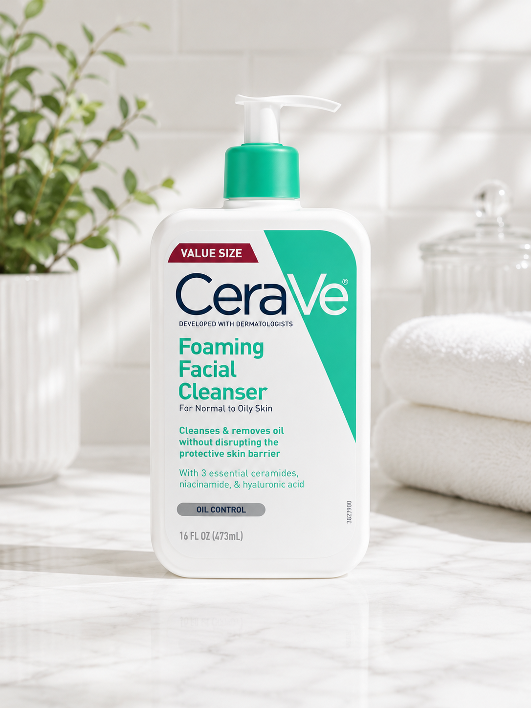 CeraVe Foaming Facial Cleanser for normal to oily skin in a 16 fl oz bottle, featuring ceramides for gentle cleansing.