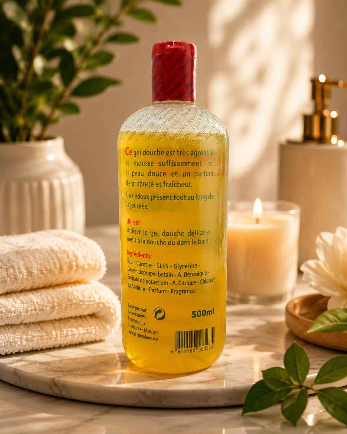DERMALISS Ultra-Gentle Shower Gel with Carrot Extract in a 500 ml bottle, showcasing the clear gel and natural ingredients.