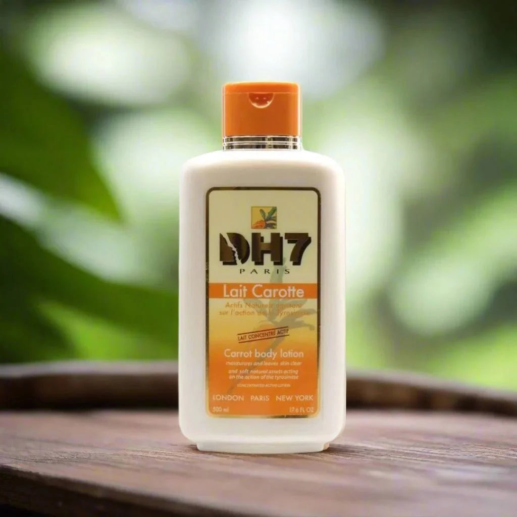 DH7 Carrot Milk Moisturizing Lotion bottle, 16.9 oz, with orange carrot imagery and label details visible.
