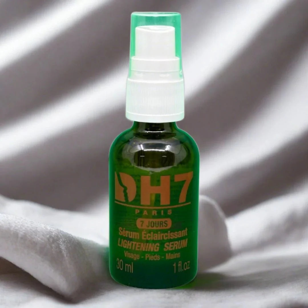 DH7 Clarifying Serum in a 1 fl oz (30 ml) bottle showing clear liquid and pump dispenser.