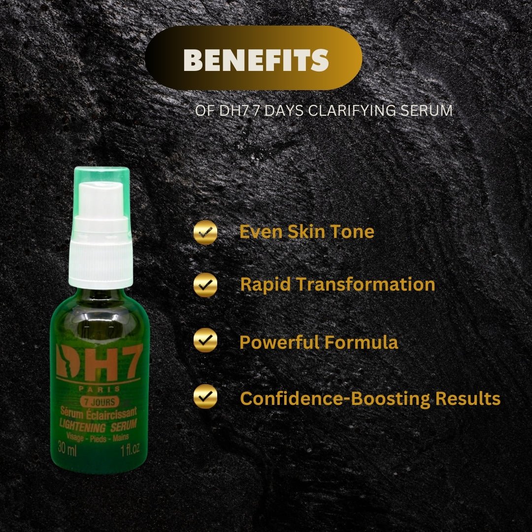 DH7 Clarifying Serum in a clear glass bottle with a dropper, designed to improve skin clarity and reduce blemishes.