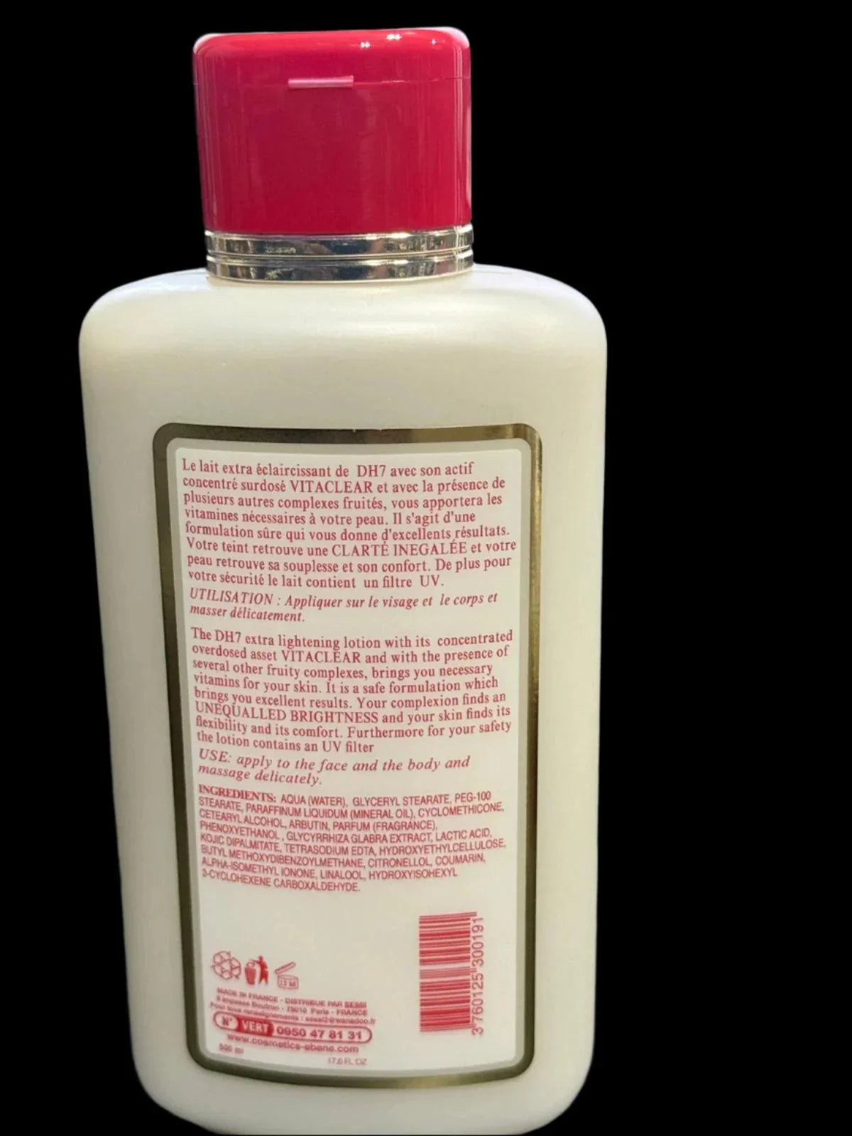 DH7 Extra Complexion Lotion with Vitaclear, 16.9 oz bottle, featuring moisturizer and skin brightening ingredients in a pump bottle.