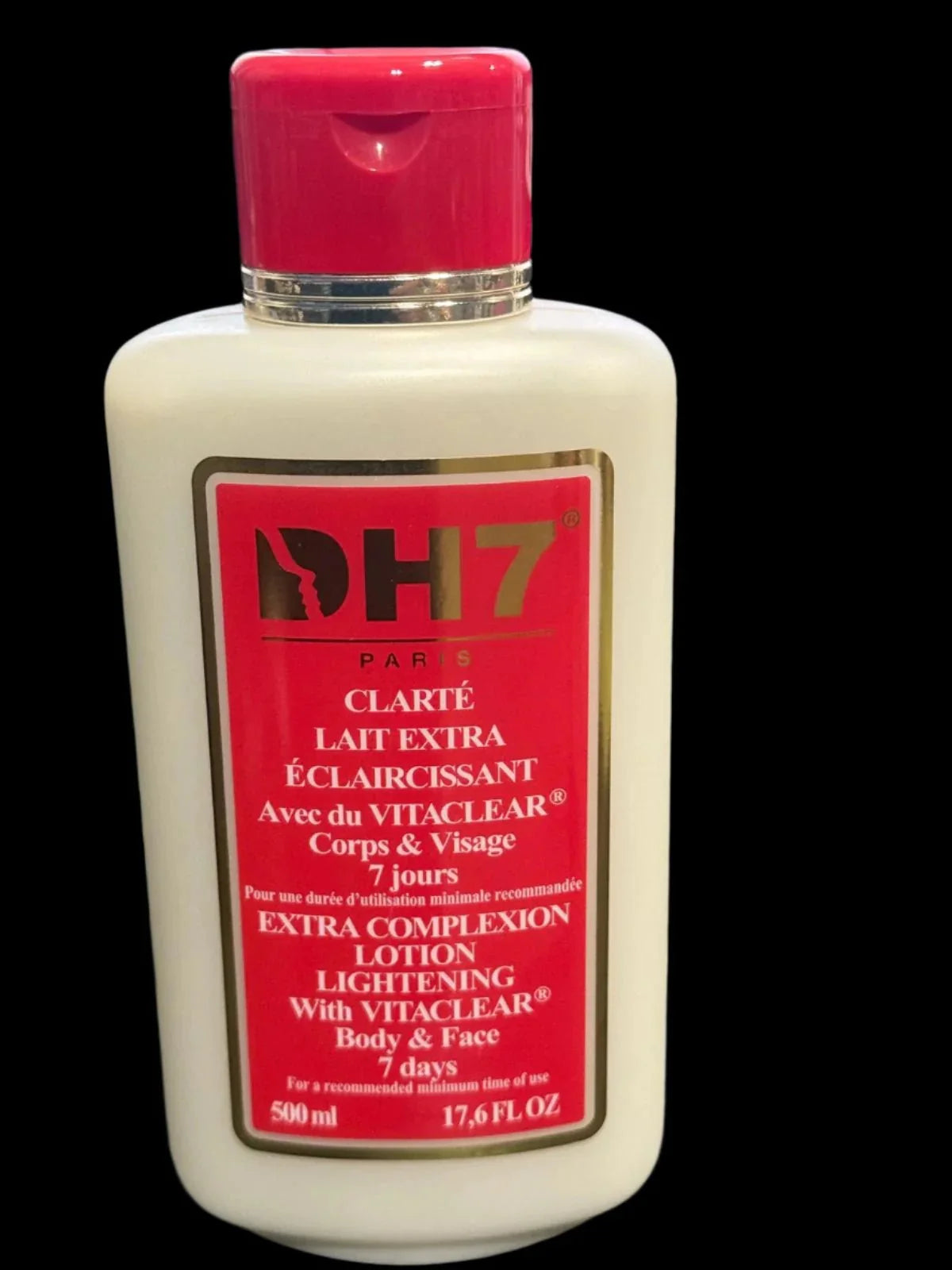 DH7 Extra Complexion Lotion with Vitaclear in a 16.9 oz bottle, showcasing the creamy lotion and packaging.