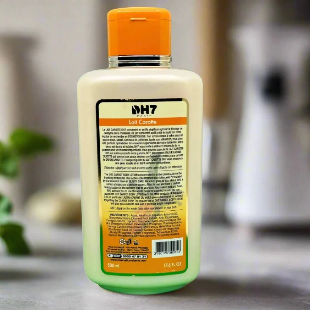 DH7 Lait Carotte body lotion in a 500 ml bottle, creamy orange-colored lotion with carrot extract for nourishing skin.