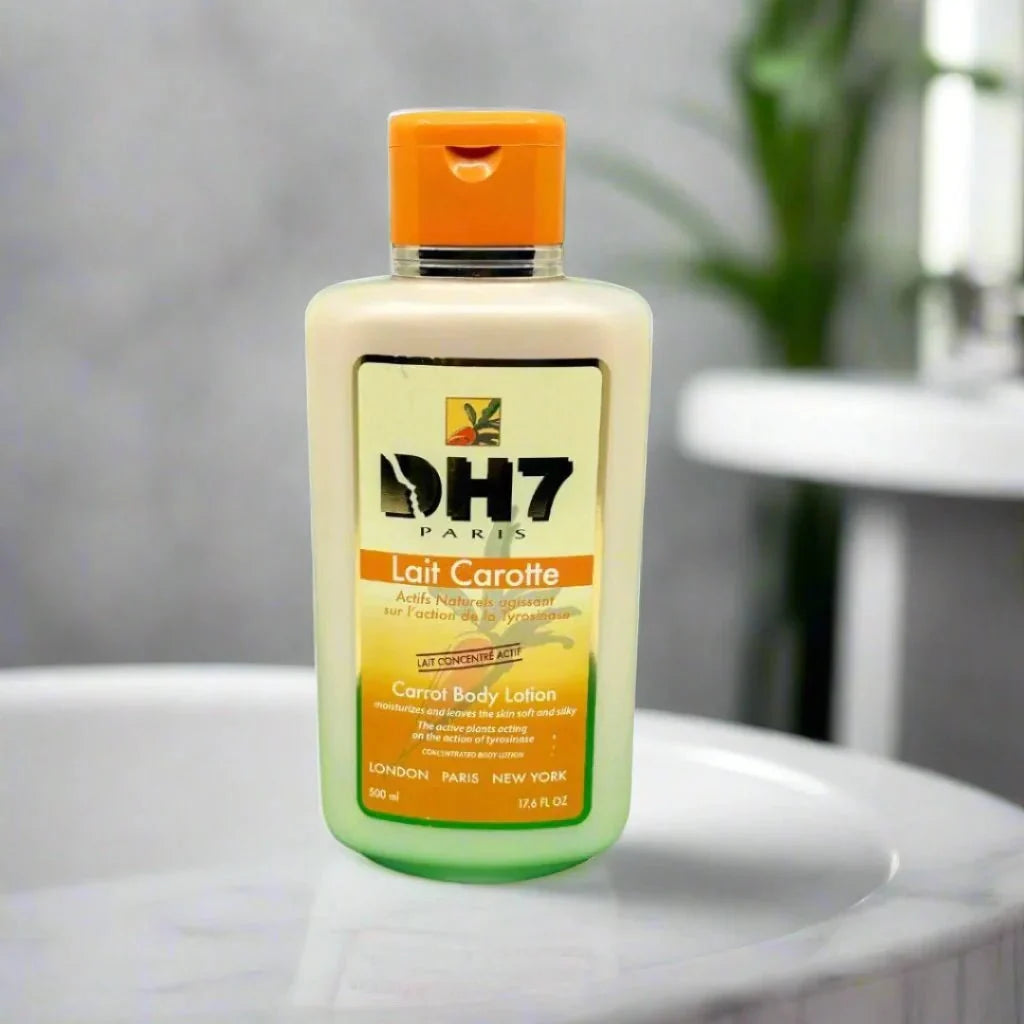 DH7 Lait Carotte body lotion in a 500 ml bottle, featuring rich carrot extract for nourishing and moisturizing skin.
