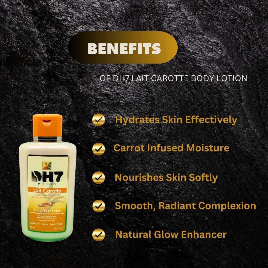 DH7 Lait Carotte Body Lotion in 500ml bottle, featuring orange carrot extract and smooth, nourishing skincare.