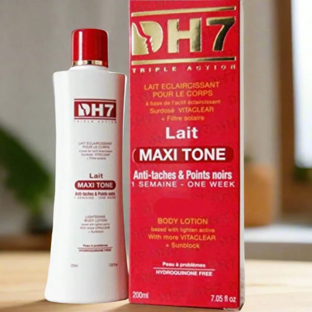 DH7 Maxi Tone Body Milk Lotion bottle, 200 ml, with smooth, moisturizing cream visible in a sleek pump bottle.