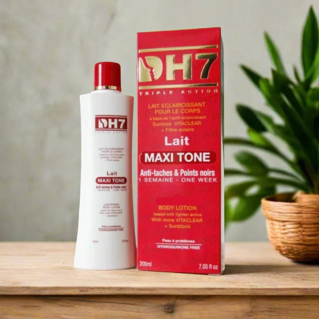 DH7 Maxi Tone Body Milk Lotion in 200 ml bottle, featuring smooth, hydrating formula for even skin tone and nourishment.