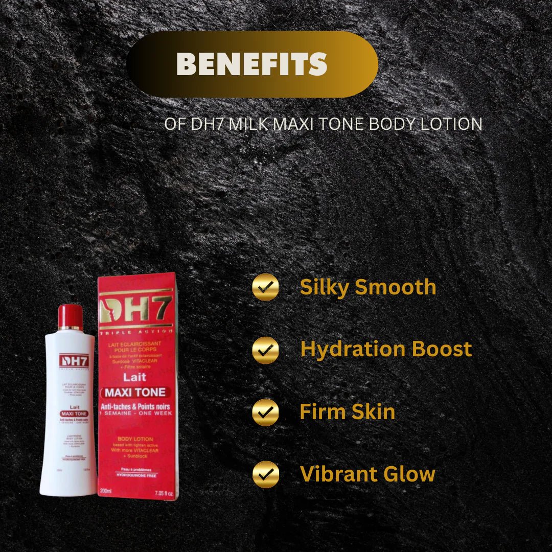 DH7 Maxi Tone Body Milk Lotion in 200 ml bottle, showing smooth, creamy texture and product label on the packaging.