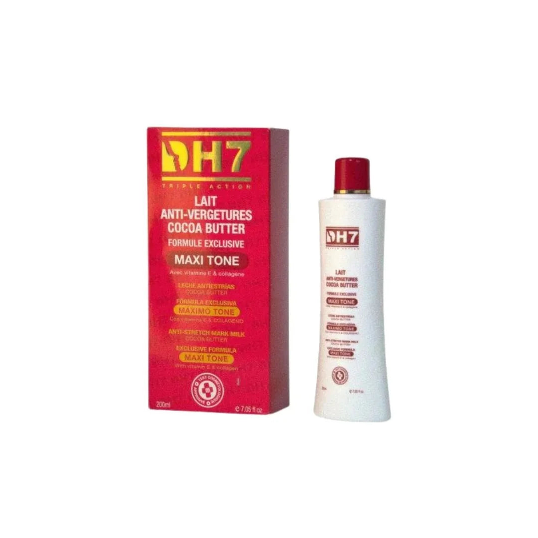 DH7 Maxitone Cocoa Butter Cream 200g jar with smooth cream visible, designed for skin moisturizing and nourishing.
