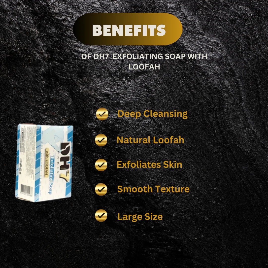 DH7 soap with natural loofah, 8.75 oz, featuring a bar with embedded loofah for exfoliating skin.