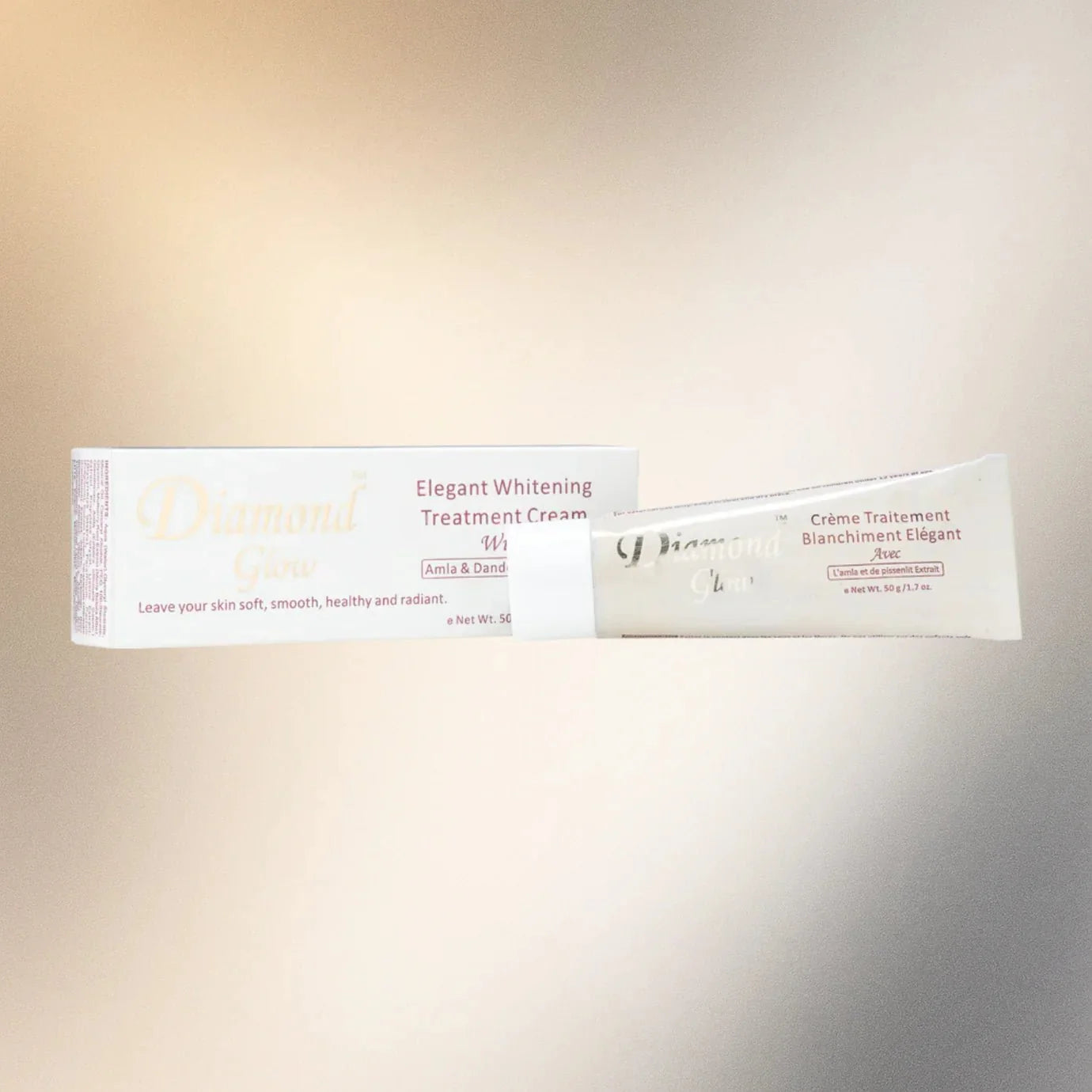 Diamond Glow Elegant Cream in 1.7 oz jar, smooth texture, luxurious skincare product with a sleek container.