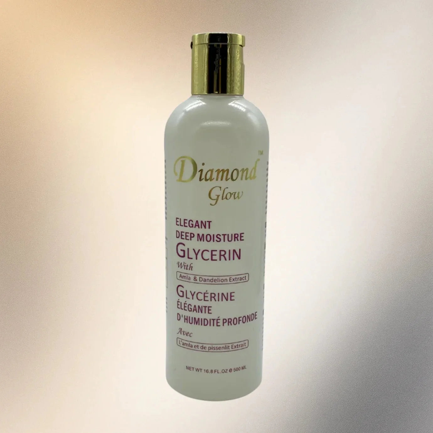 Diamond Glow Elegant Deep Moisture Glycerin 500ml bottle with clear label and pump dispenser, set against a neutral background.
