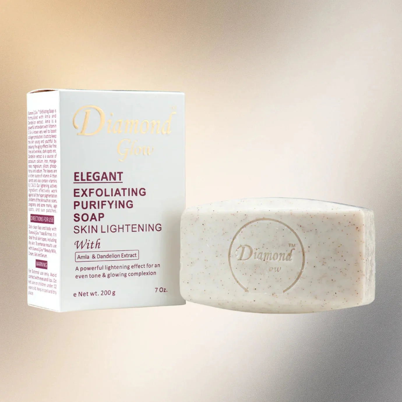 Diamond Glow Elegant Purifying Soap 7 oz bar with a smooth, white surface and elegant packaging for deep cleansing and skin refreshment.