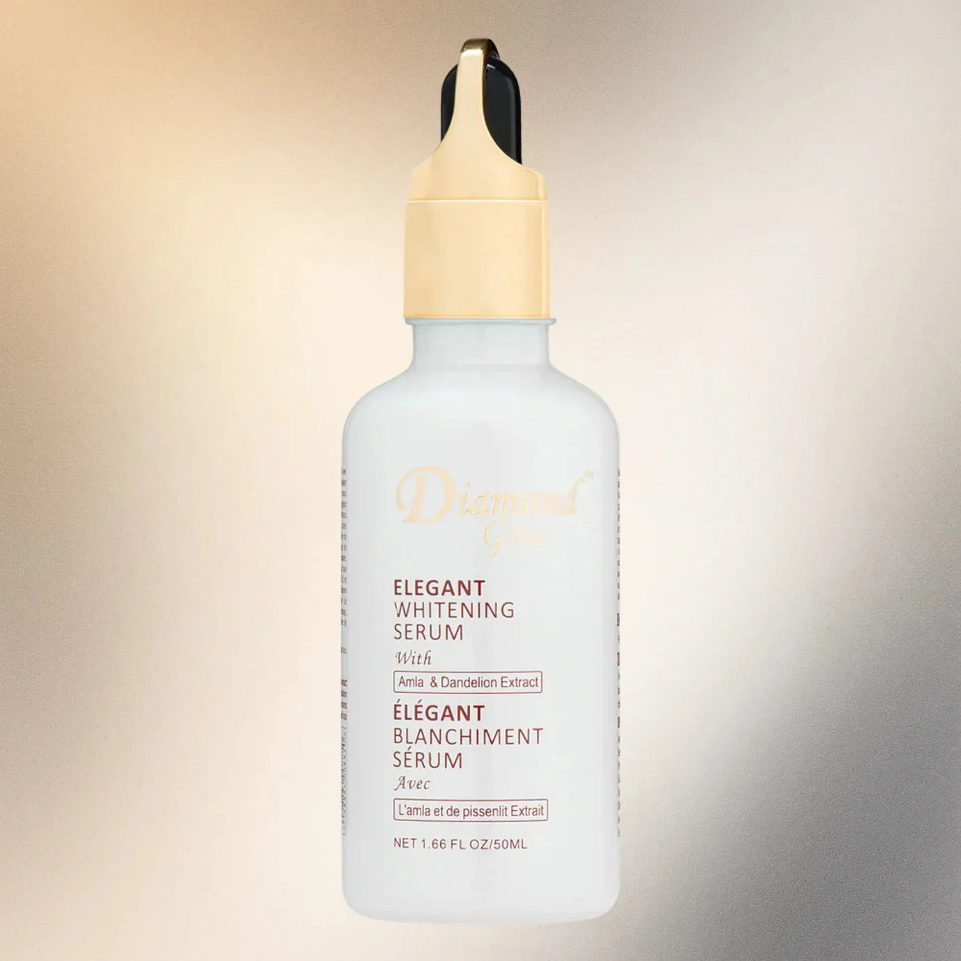 Diamond Glow Elegant Serum in 1.66 oz bottle, featuring a sleek design and clear labeling, highlighting a luxurious skincare product.