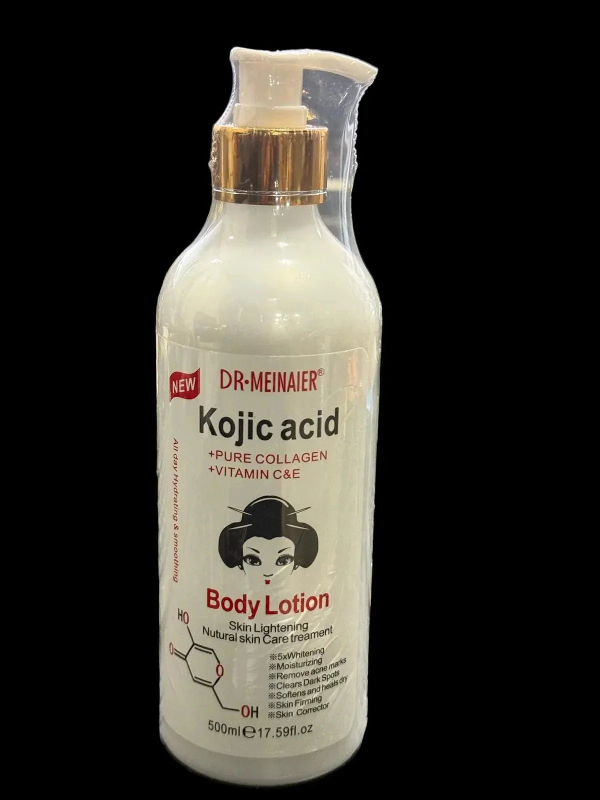 Dr. Meinai­er Kojic Acid Body Lotion 500 ml bottle, smooth skin moisturizer with brightening properties, displayed in the image.