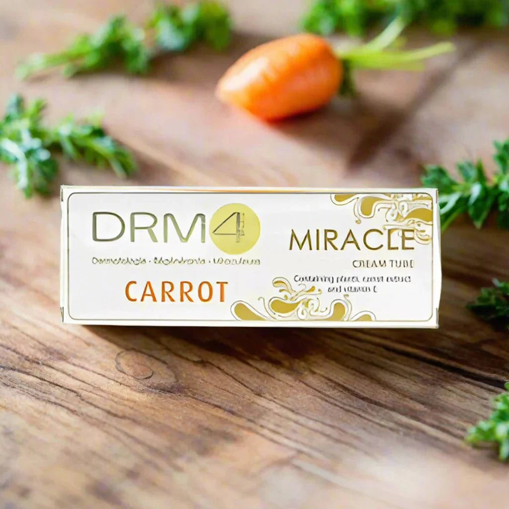 DRM4 Miracle Carrot Nourishing Cream 1.7oz jar with orange cream inside, designed for skin hydration and nourishment