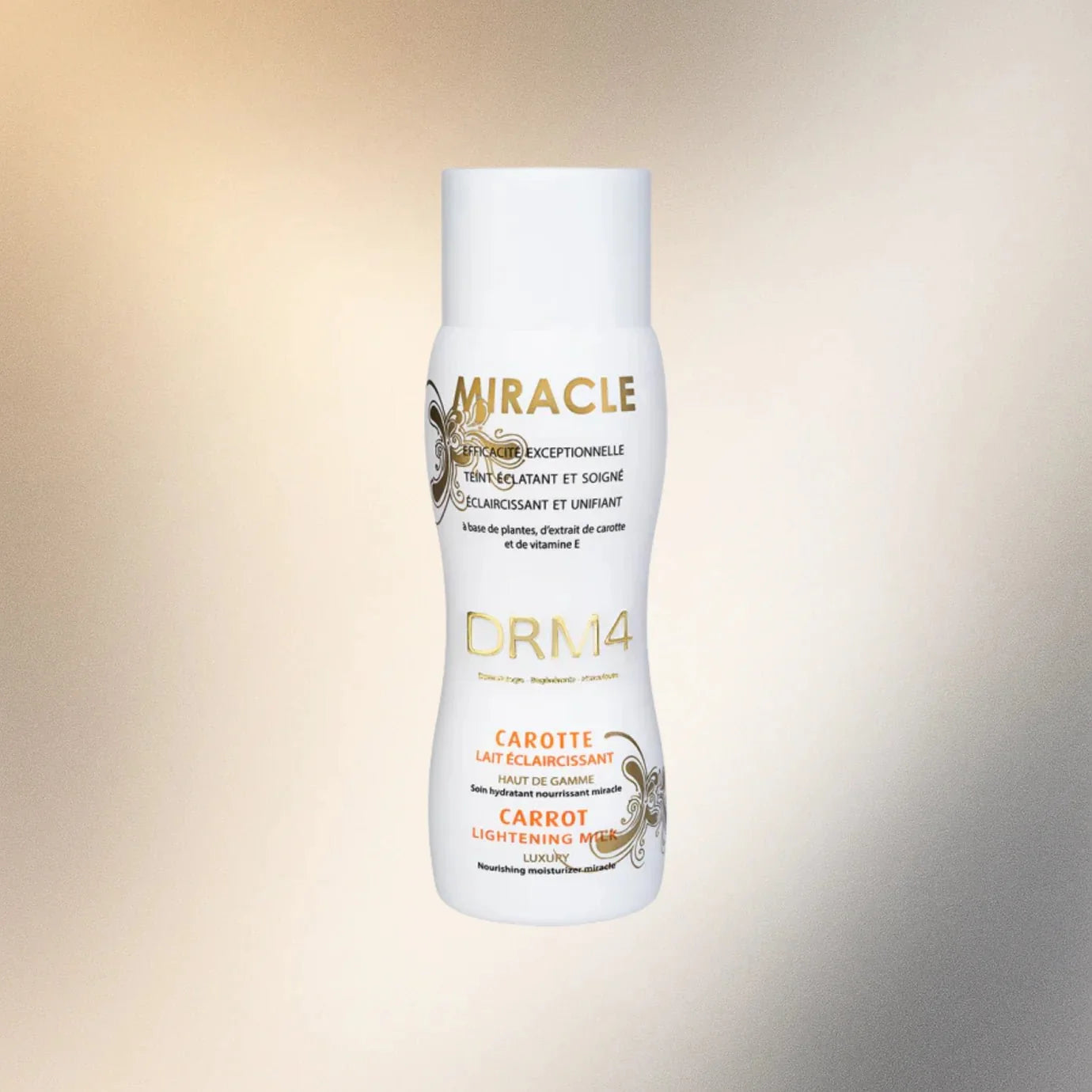 DRM4 Miracle Carrot Nourishing Milk 500ml bottle with label and cap, showcasing the product's vibrant packaging and branding.