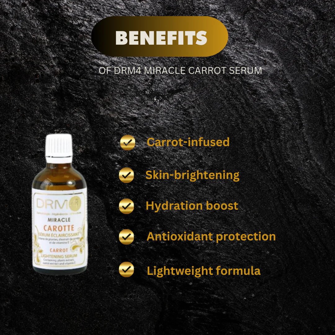 DRM4 Miracle Carrot Serum in 1.66oz bottle, showcasing the transparent glass container with orange-tinted serum inside.