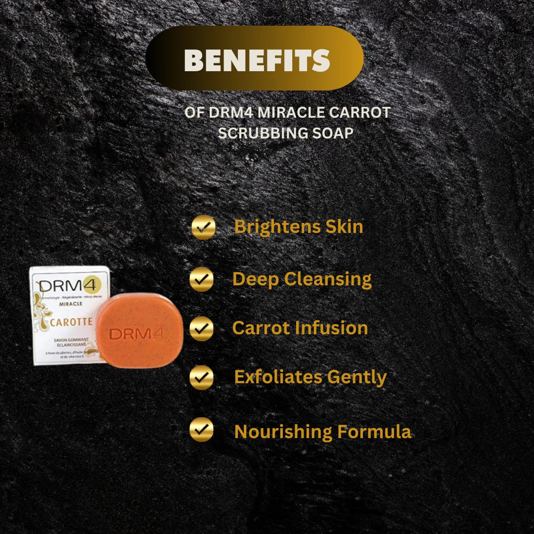 DRM4 Miracle Carrot Soap with carrot oil and vitamin E, 200g, showing the soap bar with natural ingredients.