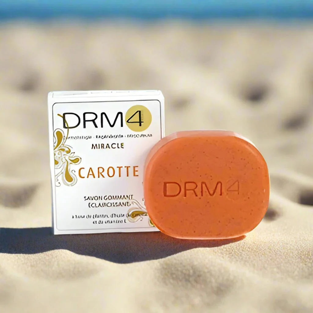 DRM4 Miracle Carrot Soap with carrot oil and vitamin E in 200g bar, showing the soap with carrot pieces and nourishing ingredients
