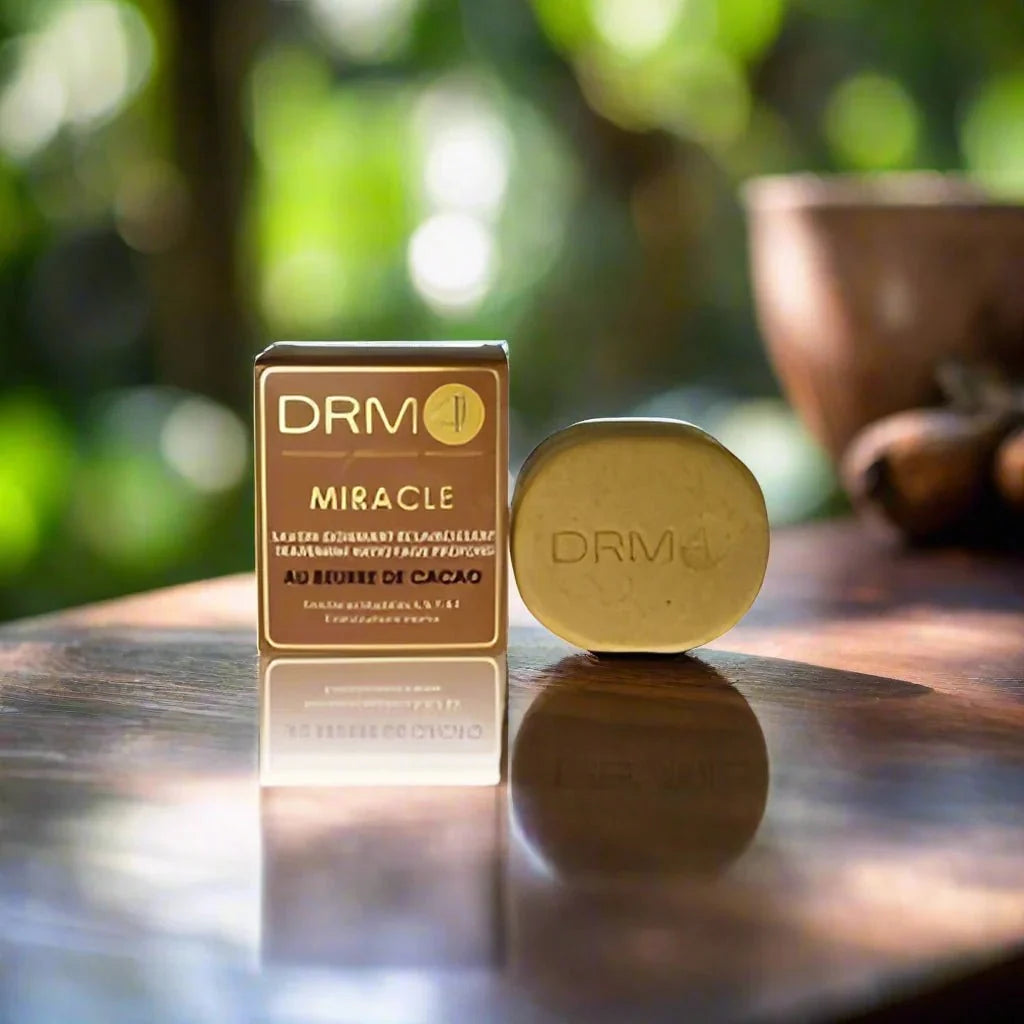 DRM4 Miracle Cocoa Butter Cleansing Soap bar with smooth cocoa butter texture, 7oz size, designed for gentle skin cleansing