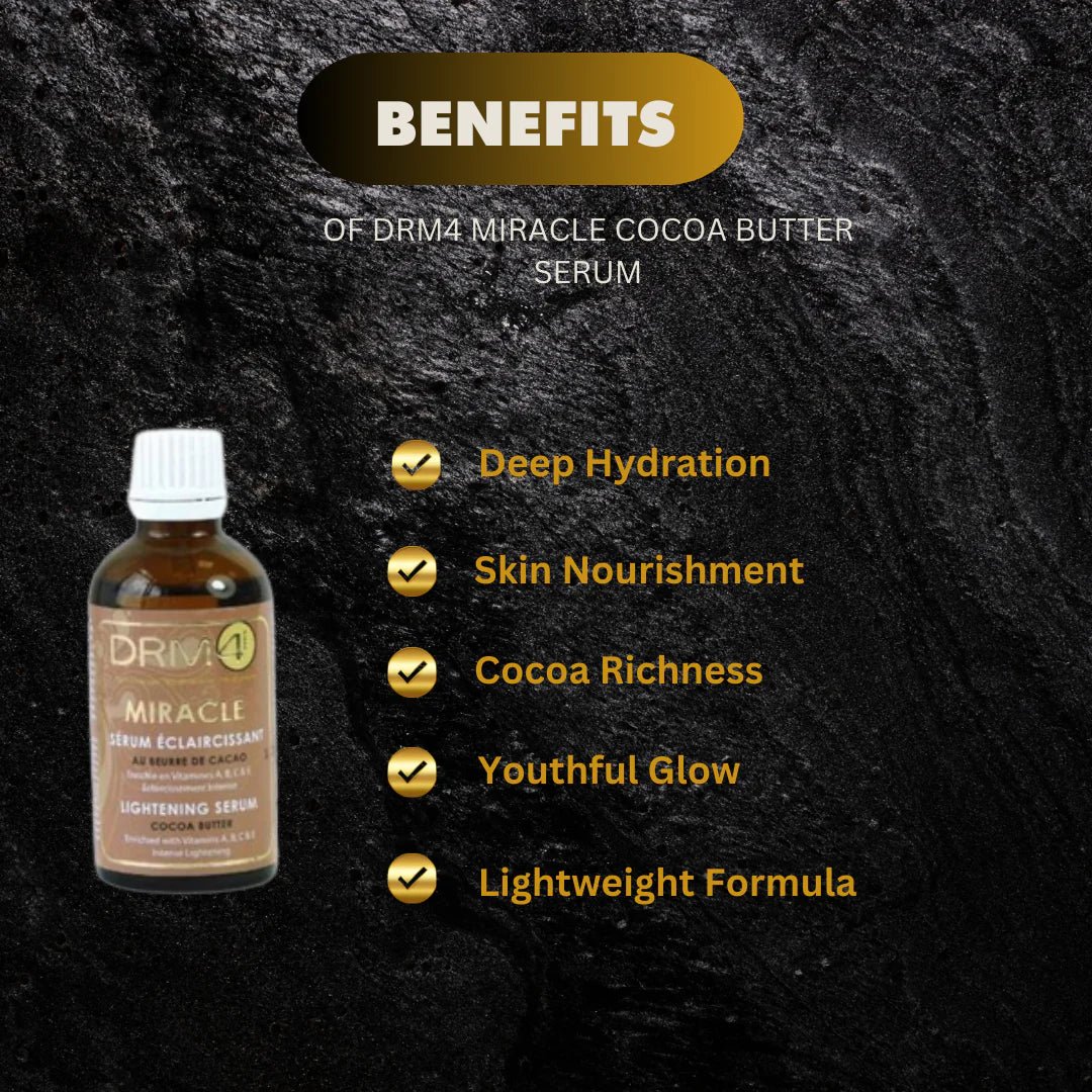 DRM4 Miracle Cocoa Butter Nourishing Serum in 1.66oz bottle, smooth serum with rich cocoa butter for skin hydration and care