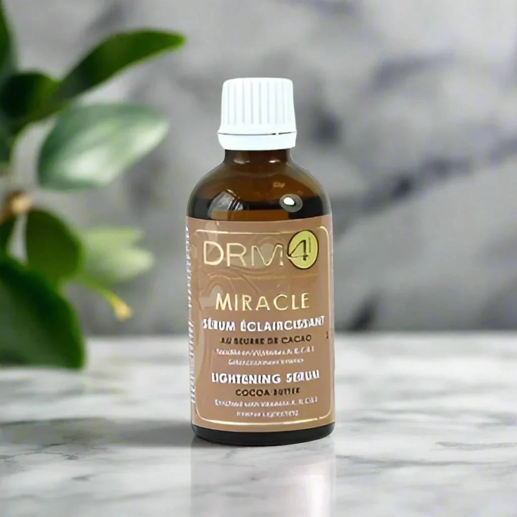 DRM4 Miracle Cocoa Butter Nourishing Serum in 1.66oz bottle, with smooth texture and cocoa butter ingredients for skin hydration